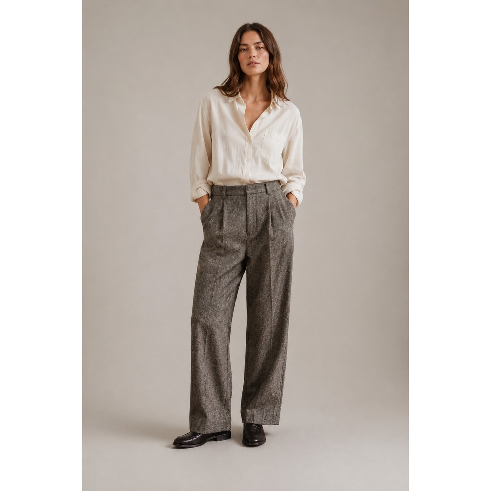 THE GREAT. Brown Tweed Wool Blend Pleated High Rise Straight Leg Trousers 27